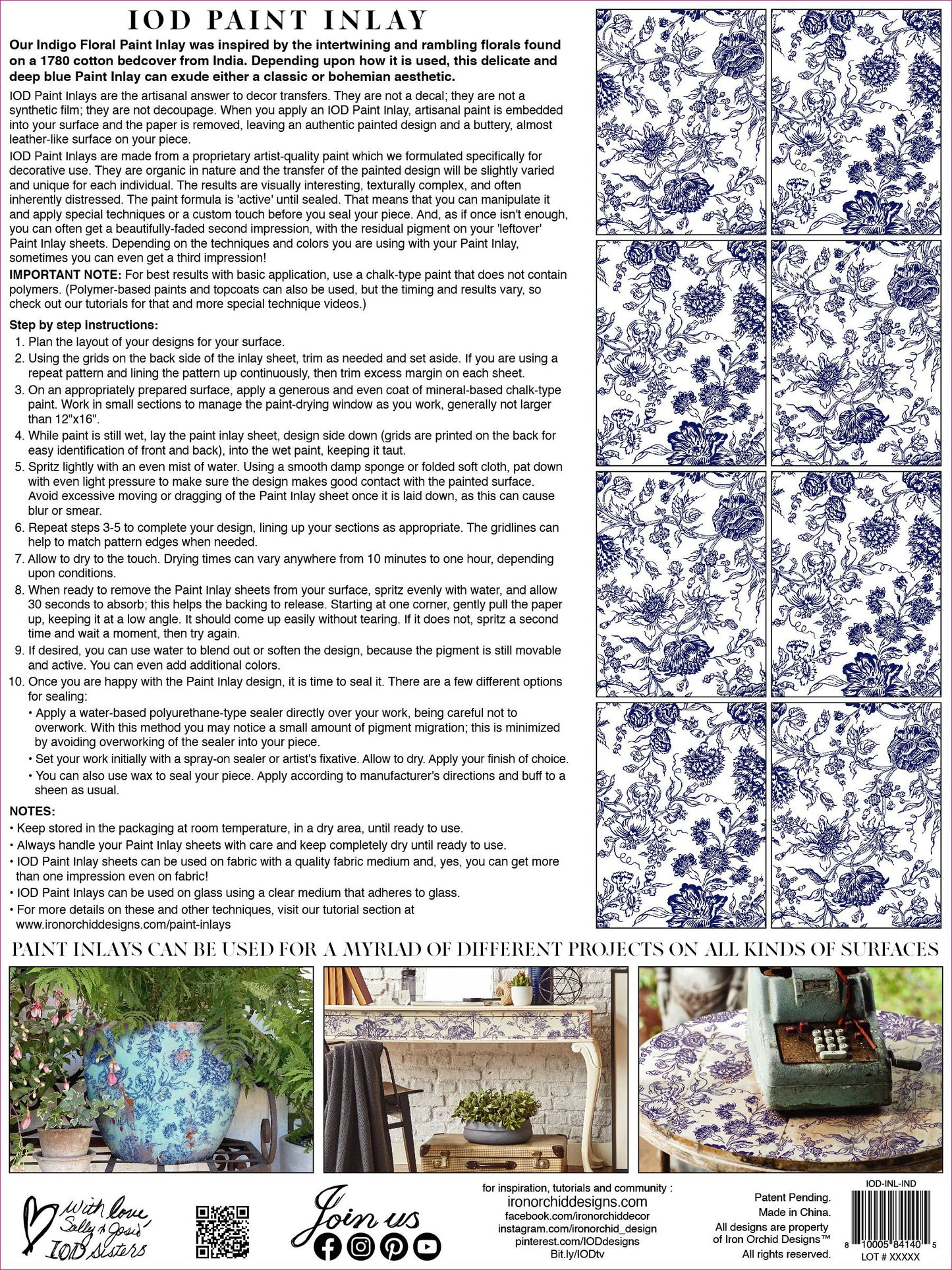 INDIGO FLORAL IOD PAINT INLAY 12×16 PAD